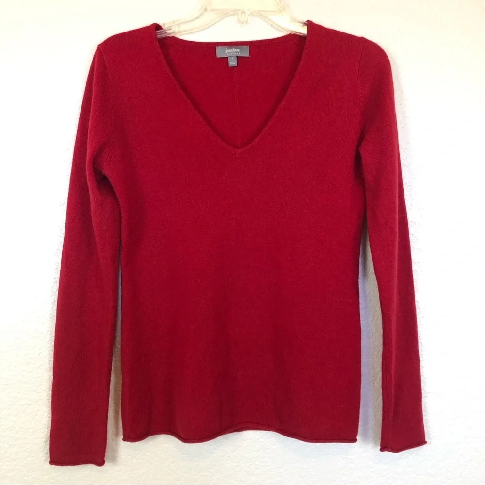 Neiman Marcus Red V-neck Long Sleeve 100% Cashmere Pullover Sweater size Small